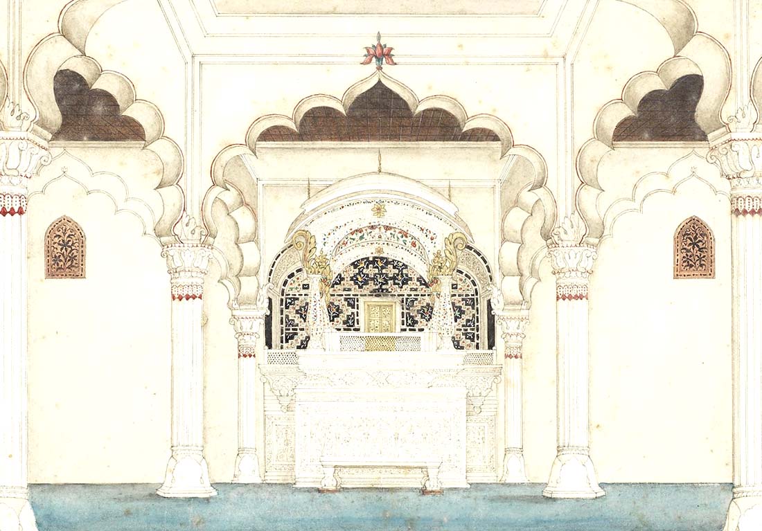 Canopied Marble Throne, Diwan-i-Am, painting by Ghulam Ali. Image Source: Wikimedia Commons