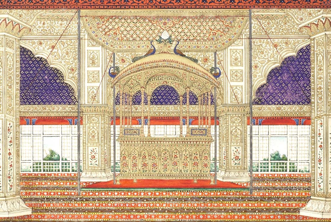 Takht-i-Taus or Peacock Throne at Diwan-i-Khas. painting by Ghulam Ali. Image Source: Wikimedia Commons