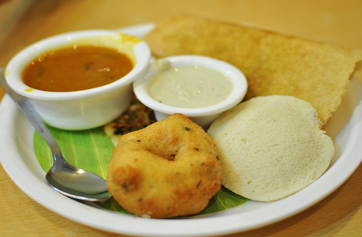 A typical breakfast platter: Idli, Dosa, Vada, Sambar